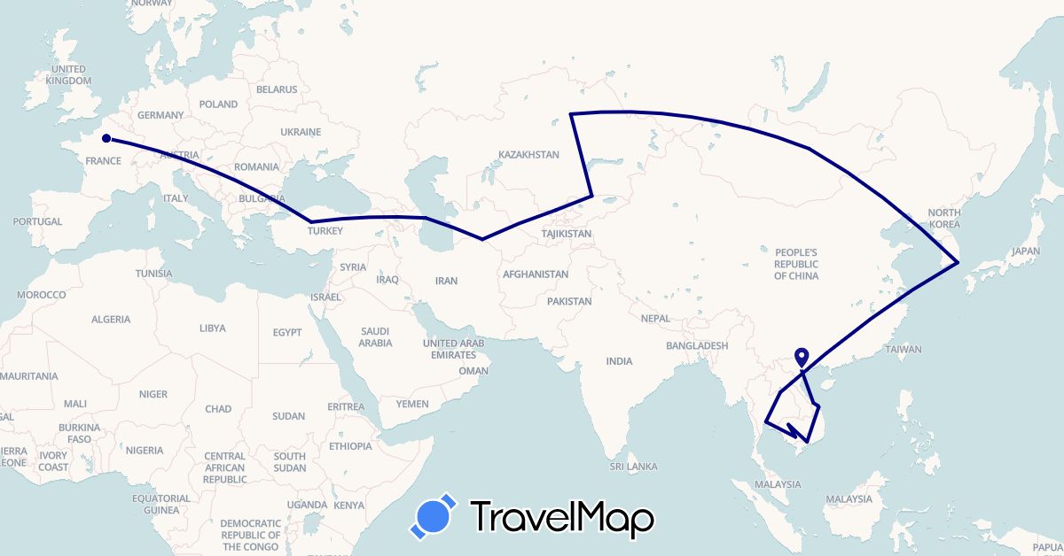 TravelMap itinerary: driving in Azerbaijan, France, Kyrgyzstan, Cambodia, South Korea, Kazakhstan, Laos, Mongolia, Thailand, Turkmenistan, Turkey, Uzbekistan, Vietnam (Asia, Europe)